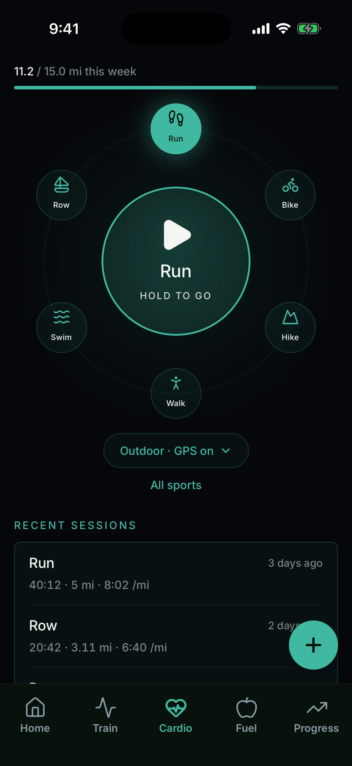 Ovix cardio screen: a weekly mileage goal strip at 11.2 of 15 miles, a hold-to-go Run dial ringed by row, bike, swim, hike, and walk options, and recently logged run and row sessions