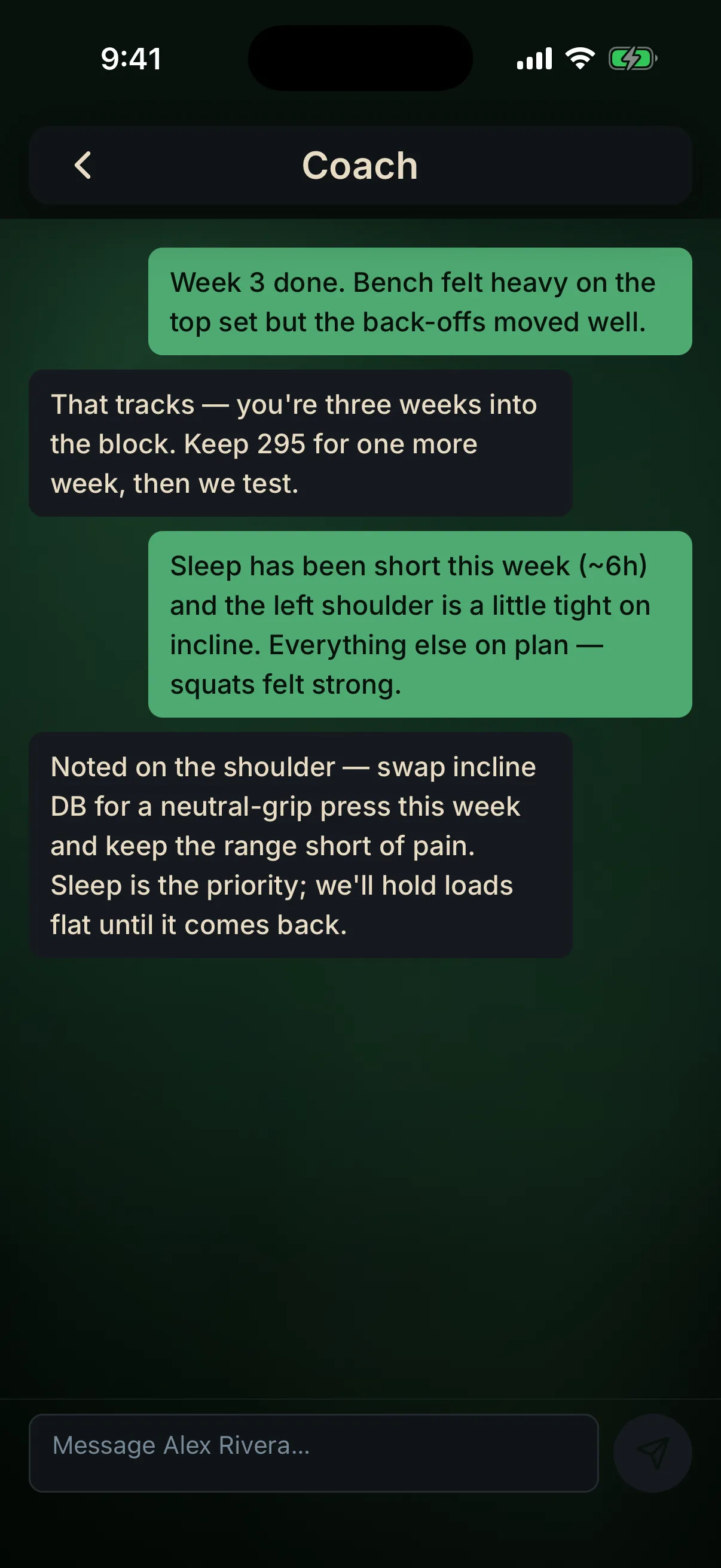 Ovix coach chat: a client reports their week and the coach replies with a program adjustment for a tight shoulder