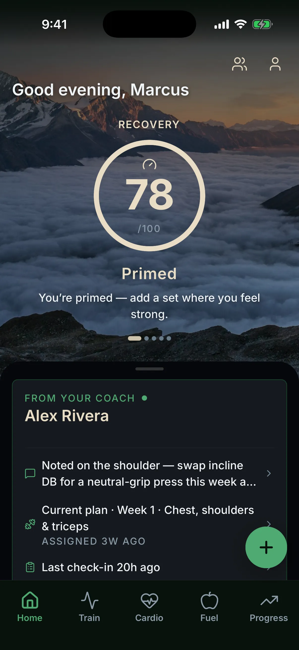 Ovix home screen: evening greeting, a readiness dial scoring 78 out of 100 — Primed, with advice to add a set where you feel strong — a coach card from Alex Rivera with program notes, and tabs for Home, Train, Cardio, Fuel, and Progress