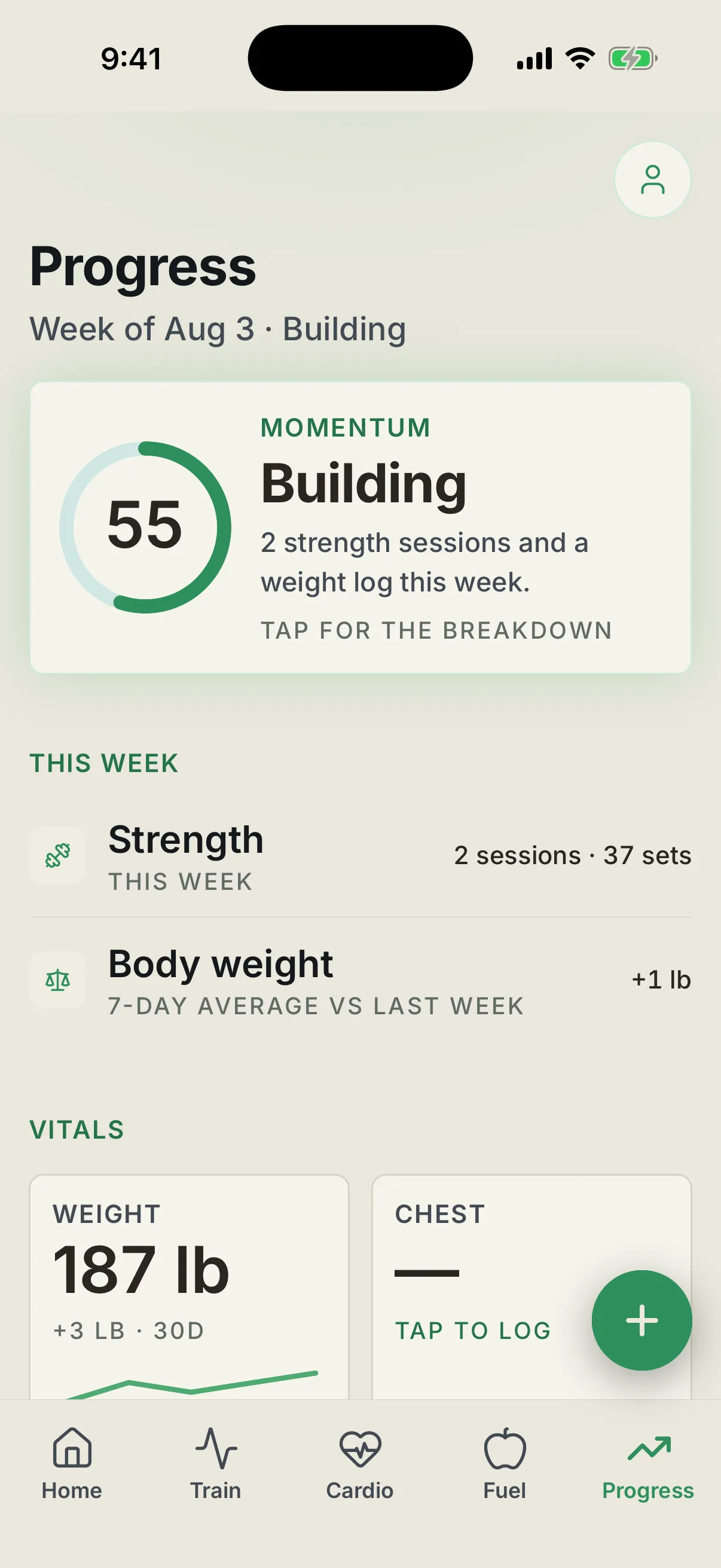 Ovix progress screen: weekly momentum score, strength sessions and body-weight trend for the week, and vitals cards for weight and measurements