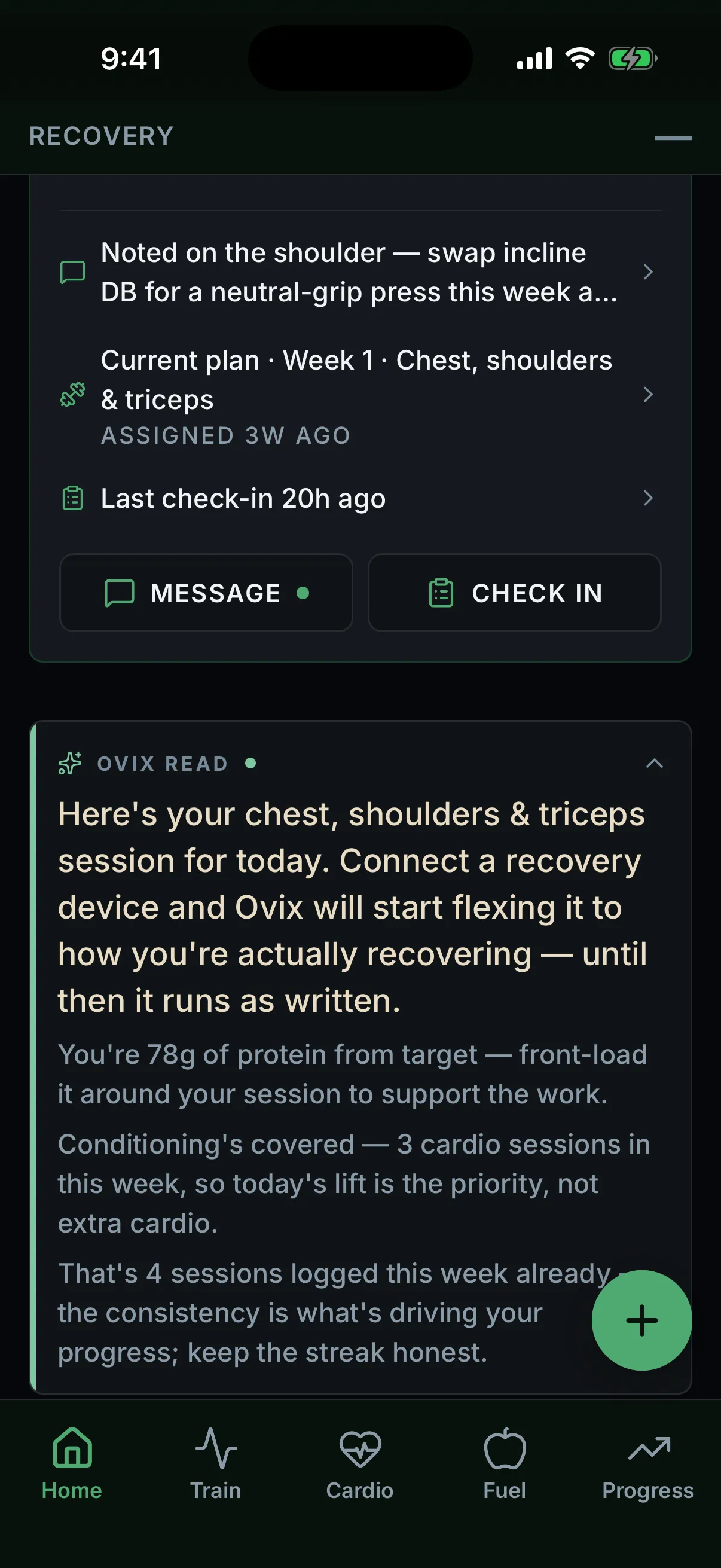 Ovix Read card expanded with today's adaptive reasoning: front-load protein around the session, prioritize the lift because three cardio sessions already covered conditioning this week, and keep the logged streak honest